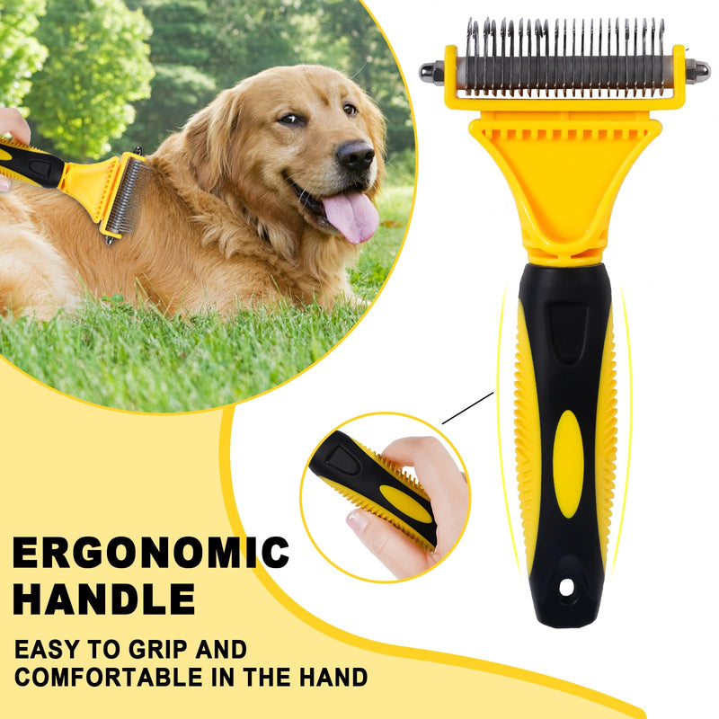 Pet Grooming Brush, Double Sided Undercoat Rake for Dogs & Cats, Professional Deshedding Brush and Dematting Tool, Safe and Effective Removing Knots, Mats, Tangles,and Flying Hair Yellow - PawsPlanet Australia