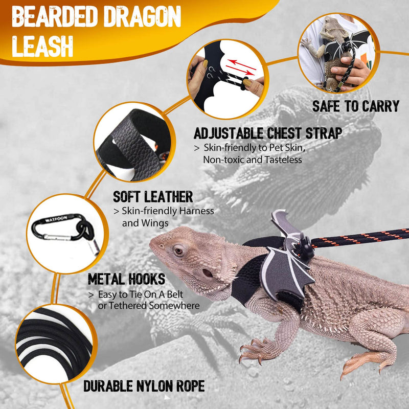 WATFOON Adjustable Lizard Leather Leash Harness and Bearded Dragon Carrier Sling, Reptile Small Pet Training Leashes and Beardie Snuggle Sling Bag for Outdoor Travel (XL Black) Leash + XL Black Sling (Gift) - PawsPlanet Australia