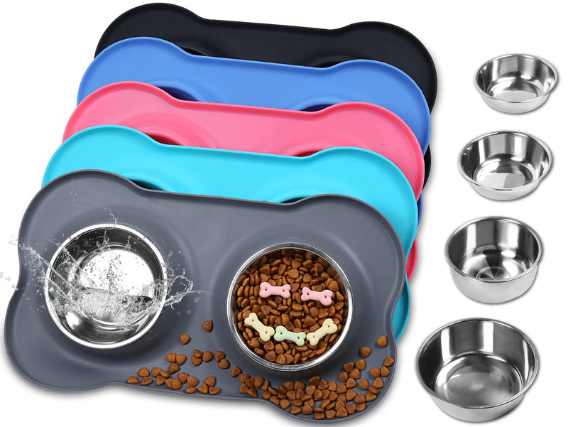 VIVAGLORY Dog Bowls, Dog Food Bowls, Stainless Steel Cat Puppy Water Bowls with Non Spill Skid Resistant Silicone Mat, Small, Gray 6½ oz ea.