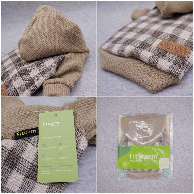 Fitwarm Tartan Plaid Dog Hoodie, Knitted Dog Clothes for Small Dogs Boy, Pet Sweatshirt, Knitted Sweater, Beige, Small Khaki - PawsPlanet Australia