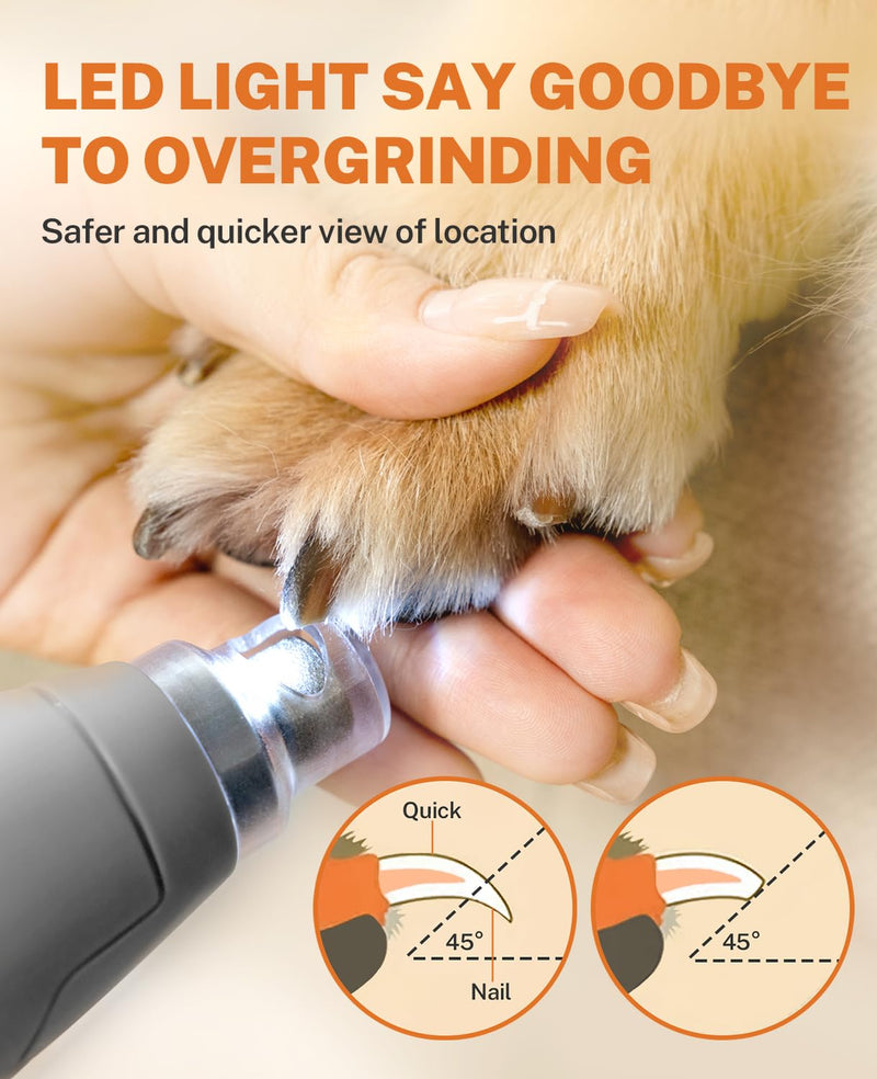 Toozey Dog Nail Grinder for Large Dogs, Real 12,000 RPM & 3-Speed, with Dust Cap and LED Light, Professional Electric Dog Nail Trimmer for Medium & Small Dogs, USB Rechargeable Pet Toenail Grinder MJQ002_G - PawsPlanet Australia