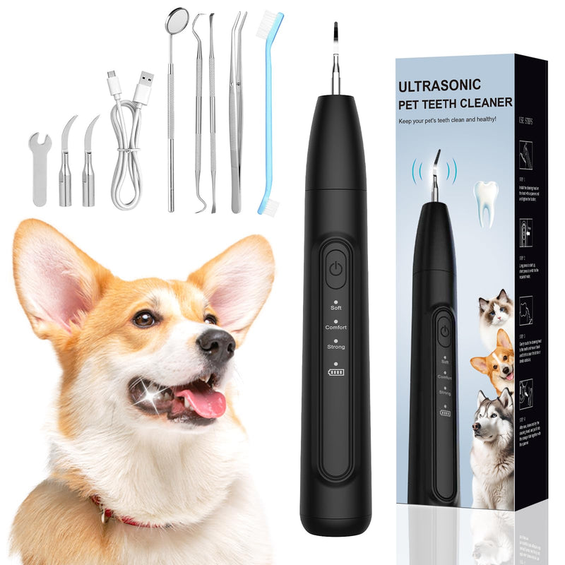 Ultrasonic Dog Plaque Remover Tool, 3 Modes Plaque and Tartar Remover for Dogs, Low Noise Sonic Dog Tartar Remover Dogs Plaque Remover with Toothbrush 2 Cleaning Head for Pet Dental Care, Black