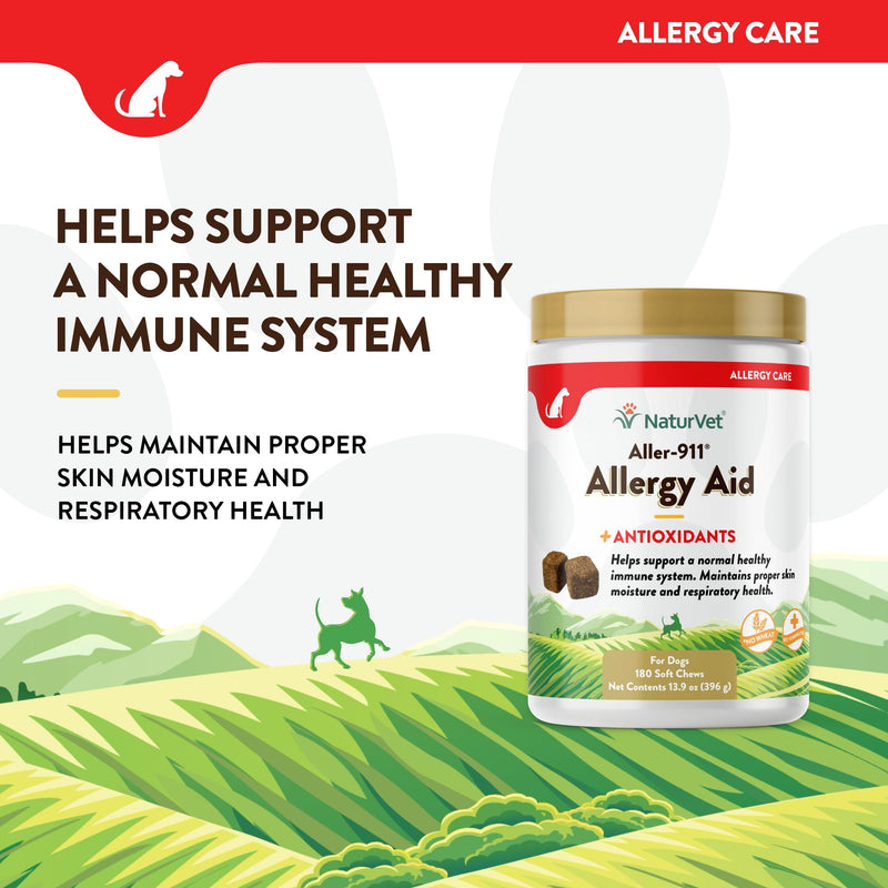 NaturVet Aller-911 Advanced Allergy Aid for Dogs, Cats – Antioxidant-Rich Pet Supplement with Omegas, DHA, EPA – Helps Support Dog Immune System, Cat Respiratory Health, Skin Moisture 180 Soft Chews