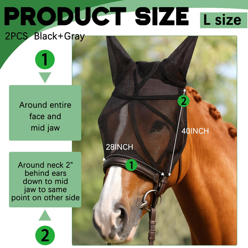 2 Pcs Horse Fly Mask with Ears Adjustable UV Protection Horse Fly Mask Accessories Large Eye Space with Ears for Horses Summer, Black and Gray(L) L