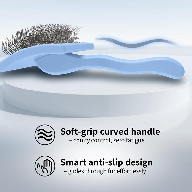 Pet Slicker Brush for Long & Short Hair - Detangling Tool for Dogs & Cats - 135° Angled Stainless Steel Pins, Curved Handle - Gentle Grooming for Small/Medium/Large Breeds (Blue) Blue - PawsPlanet Australia