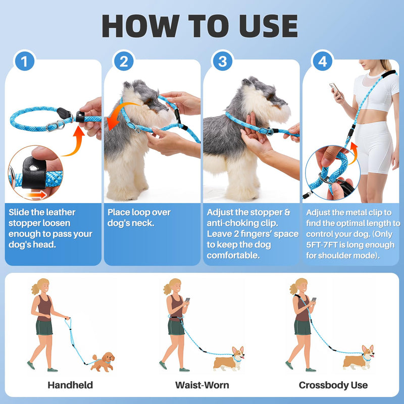 Lukovee Slip Lead Dog Leash, 5-7 FT x 1/2" Adjustable Tangle Free Leash, Heavy Duty Comfortable Reflective No Pull Training Rope Lead with Padded Handle for Medium Large Dogs (Blue, L: 5-7 FT) 5–7 ft, 1/2'', for Medium Large Dogs Blue - PawsPlanet Australia