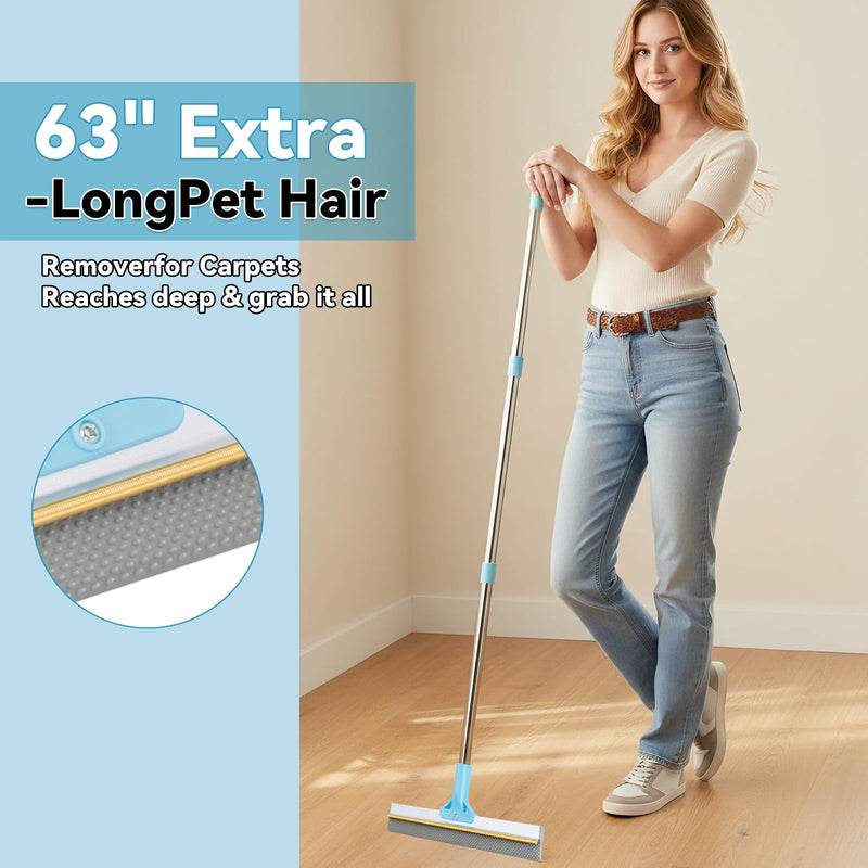 Carpet Rake for Pet Hair Removal Tool, Reusable Pet Hair Rake with 63” Adjustable Long Handle, Cat Dog Hair Remover Carpet Broom and Scraper, for Carpets, Rugs, Mats, Couch, Furniture, Car