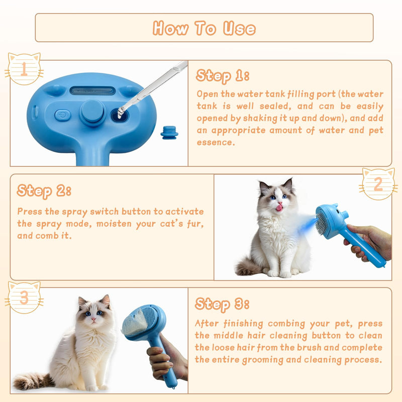 5-in-1 Pet Steam Brush for Cats & Dogs – Grooming, Shedding, Massage & One-Touch Clean for Short & Long Hair Pets – Electric Cat Brush with Comb & Steam (Blue) bule - PawsPlanet Australia