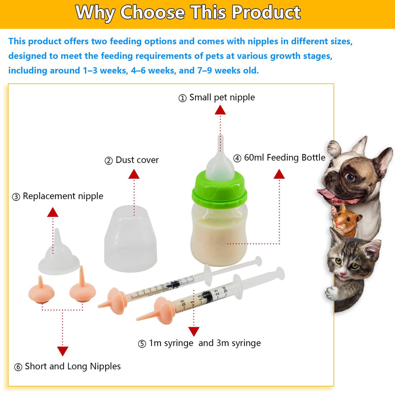 Pet Feeding Bottle and Syringe Set for Puppies and Kittens(1 Bottles,2 Syringes,6 Nipples), Green - PawsPlanet Australia