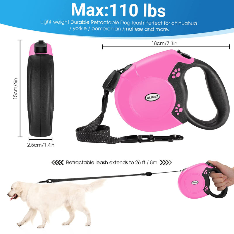 Retractable Dog Leash, 26 Ft Heavy Duty Pet Walking Leash for Small Medium Large Dogs up to 99lbs, Anti-Slip Handle, 360 ° No Tangle, Nylon Tape, One-Handed Brake (Pink) Pink - PawsPlanet Australia