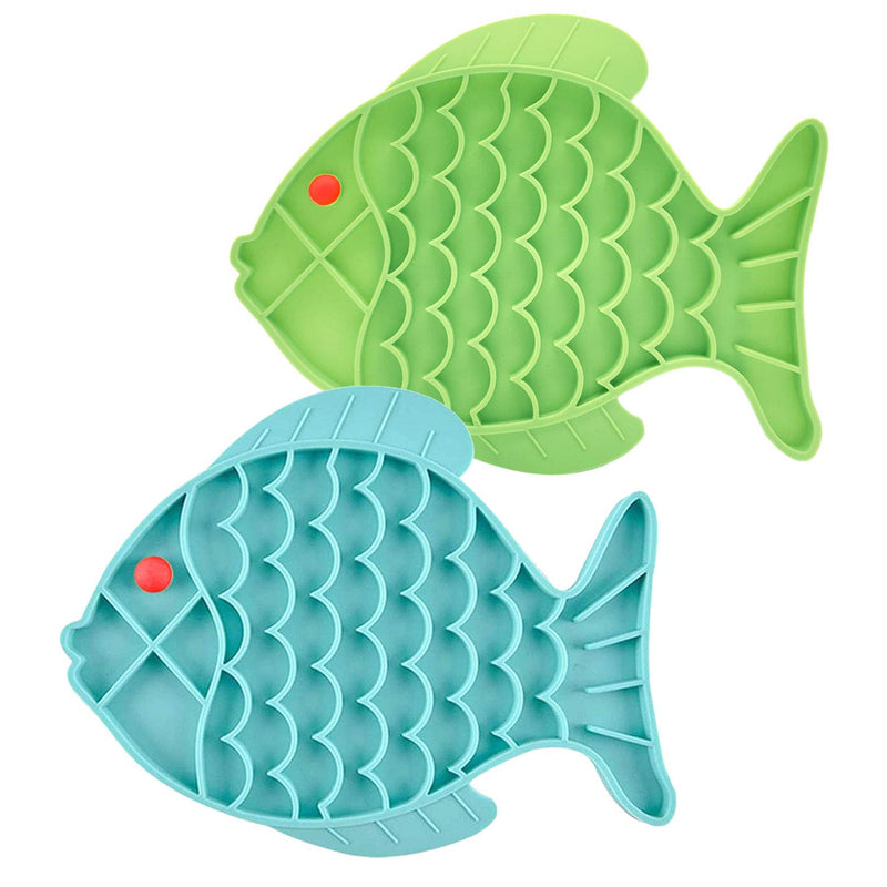 Cat Slow Feeder,2 Pack Fish-Shaped Cat Lick Treat Mat for Cats Dogs Anxiety Relief, Cat Puzzle Feeder Cat Bowl, Fun Alternative to Slow Feeder Cat Bowl (Blue and Green). Double fish shape