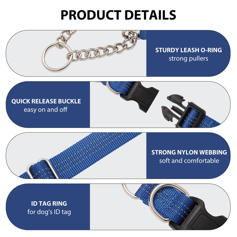 Martingale Dog Collar with Quick Release Buckle Steel Chain No Pull Training Reflective Collar for Medium Large Dogs(Blue, Medium) Blue Medium (Pack of 1) - PawsPlanet Australia