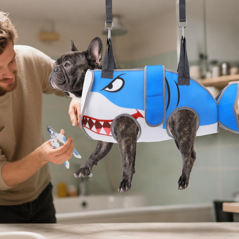 Dog Grooming Hammock for Small Dogs Cats, Cute Shark Design Dog Hanging Harness for Nail Trimming/Clipping, Pet Sling with Grooming Kit and Thick Neck Support & Strap Restraint Claw Care, S Blue Shark - PawsPlanet Australia