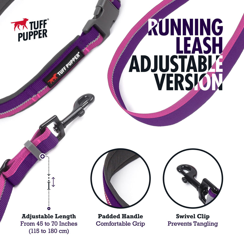 Tuff Pupper Hands Free Adjustable Length Dog Leash | Lightweight for Running Jogging Walking | Padded Waist Belt (24-50 inch) | Adjusts 3 to 6 Feet Length | Strong Ballistic Nylon w/Reflective Strips Punch Purple - PawsPlanet Australia