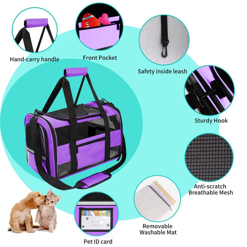 Airline Approved Cat Carrier Dog Carriers for Small Dogs Under 15 Lbs, Collapsible Soft Sided Travel Carriers for Puppy Kitten, Purple - PawsPlanet Australia