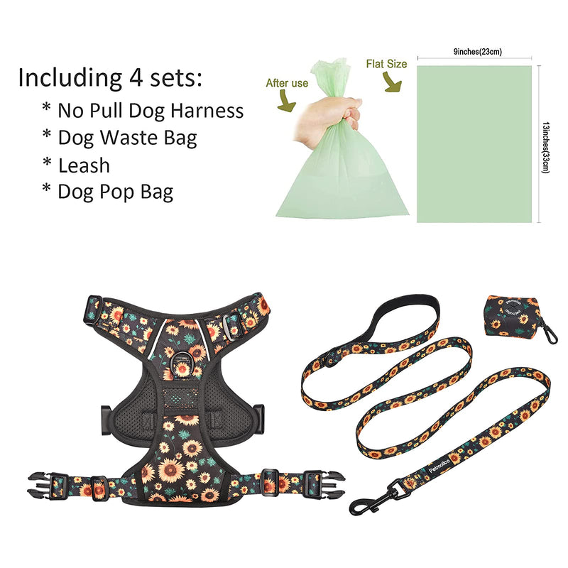 Petmolico No Pull Dog Harness Set with Leash Attachment Easy Control Handle Reflective Harness Vest Small Breed, Puppy Vest and Leash Set with Poop Bag Holder, Large - Sunflower - PawsPlanet Australia