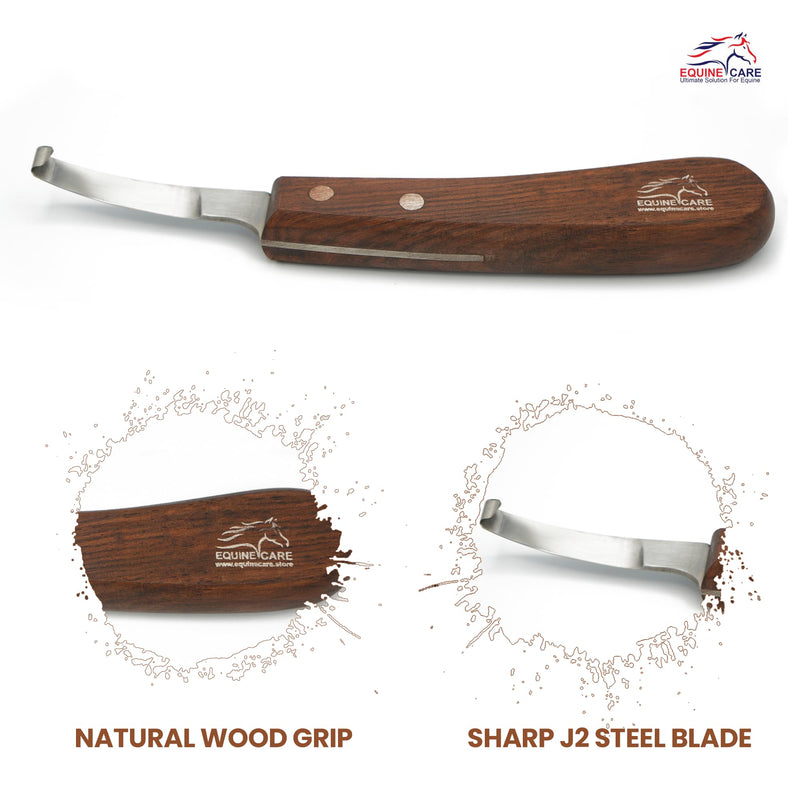 Equine Care Right-Handed Hoof Knife – Razor Sharp Short J2 Steel Blade, Professional Farrier Tool for Horse Hoof Trimming, Goats, Sheep & Livestock | Ergonomic, Rust-Resistant Wooden Handle. Right Handed