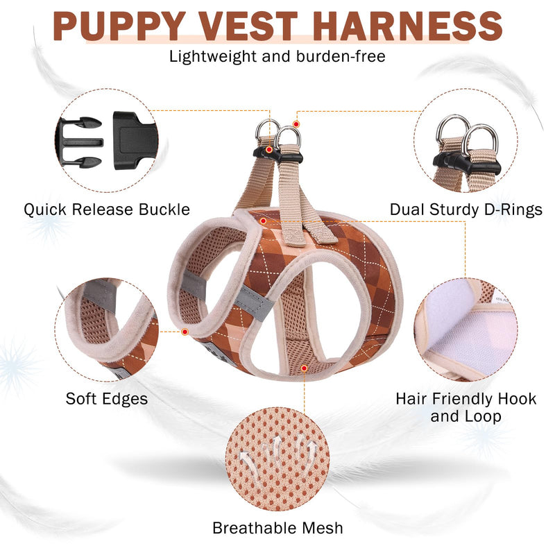 SCENEREAL Dog Harness Collar and Leash Set, Step-in No Pull Pet Vest Harnesses for Small Medium Dogs Puppy Cats, Soft Mesh No-Chock Reflective Vest Harness for Outdoor Walking Running, Brown Plaid S S: Chest Girth: 14.5"-16" - PawsPlanet Australia