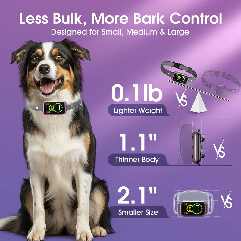 Smart Dog Bark Collar, Automatic Stop Bark Collar for Large, Medium, Small Dogs, Safe & Humane Barking Collar with Beep, Vibration & 7 Adjustable Sensitivity, Anti Barking Device IP67 Waterproof 1-Pack Bright Purple - PawsPlanet Australia