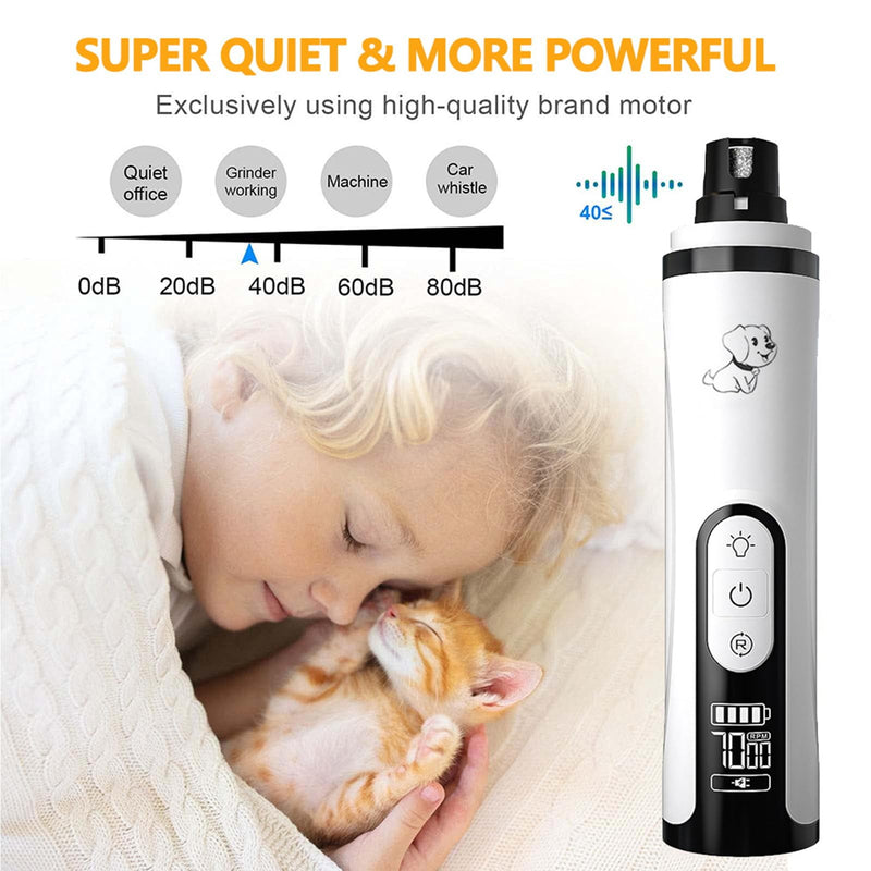 2025 Upgrade Silent Groom Pro Nail Grinder for Dogs and Cats - 3-Speed Quiet Electric Trimmer with 2 LED Light, 2000mAh Long-Electric Pet Toenail File Tool for Large Medium Small Dogs Cats 1+2*Replacement Head White - PawsPlanet Australia