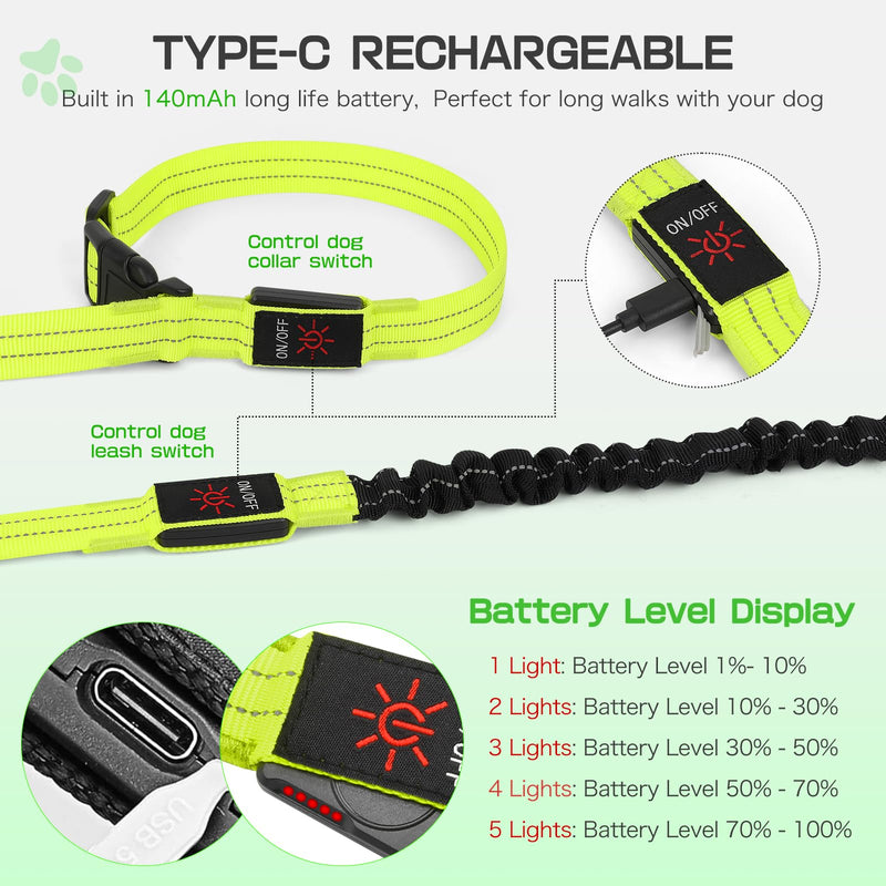 Light up Dog Collar & Lesh Set - Flashing Dog Leash Set Glow in The Dark Dog Collars for Medium Dogs with Elastic Cord 5.4-6.6FT L Vitality Green - PawsPlanet Australia