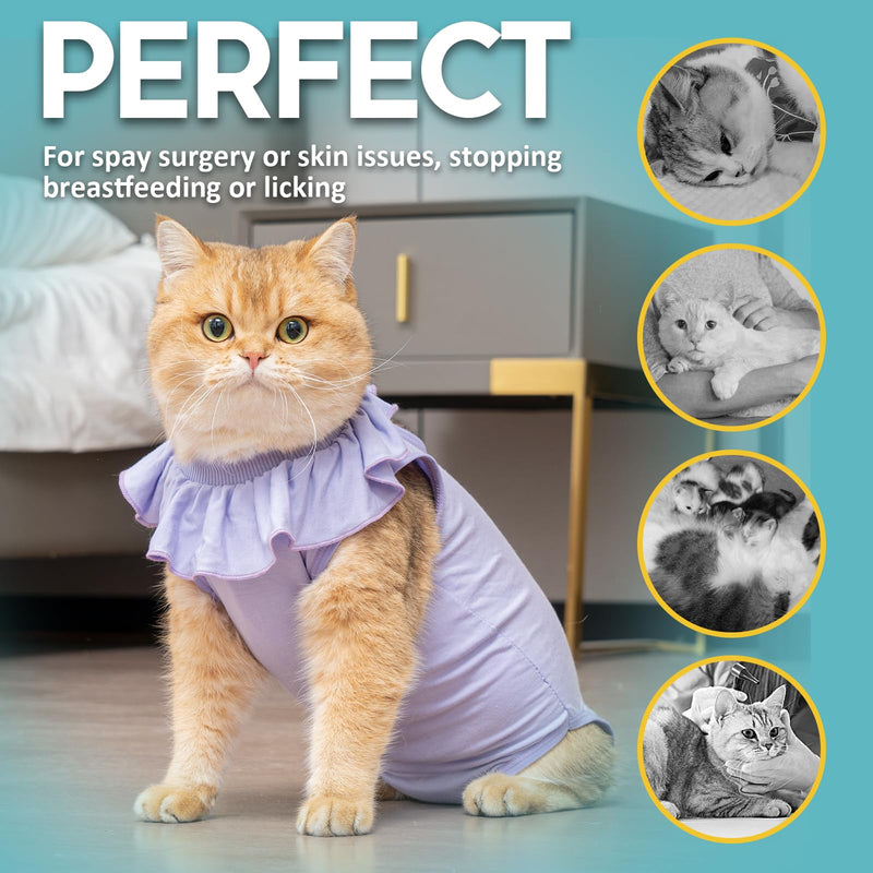 Avont Cat Recovery Suit - Kitten Onesie for Cats After Surgery, Cone of Shame Alternative Surgical Spay Suit with Ruffles for Female Cat, Post-Surgery or Skin Diseases Protection -Lilac (M) Purple Medium - PawsPlanet Australia