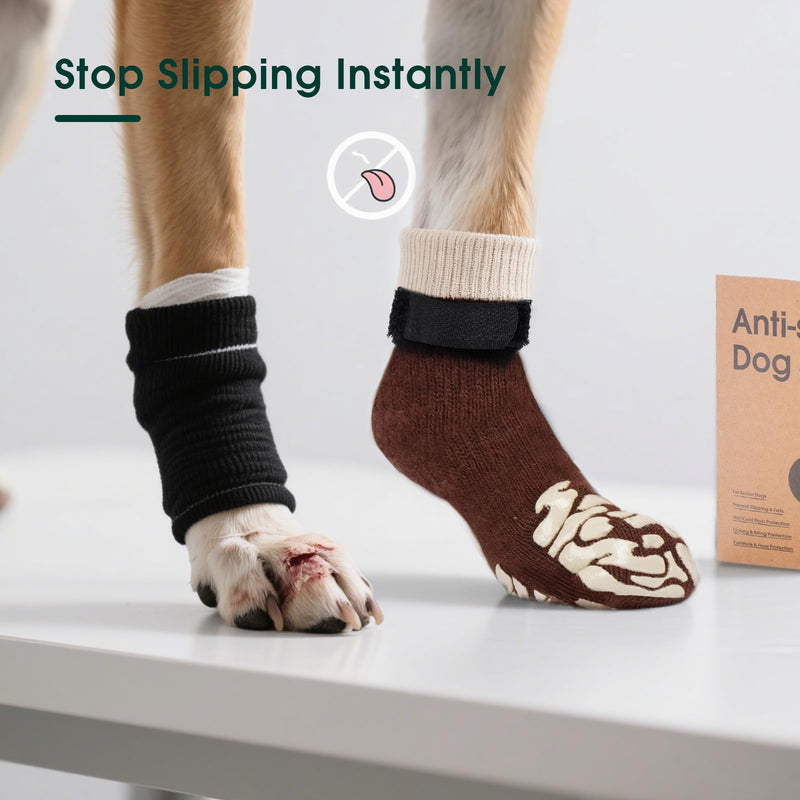 Kuoser Non-Slip Dog Socks, 4 Pcs Socks to Prevent Licking Paws, Paw Protectors for Hot Pavement, Hardwood Floors, Traction Control for Small, Medium, Large Dogs XS Brown