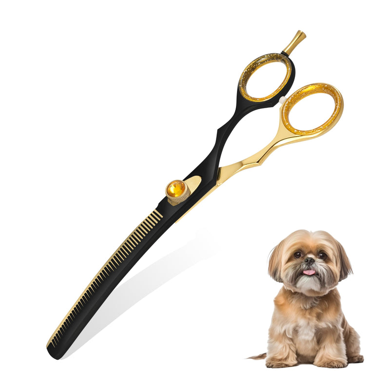 ZAVRIX Professional Dog Grooming Scissors – 7.5” Curved Thinning Shears with 34 Teeth, Pet Chunkers for Dogs & Cats, Premium 440C Stainless Steel Grooming Tools (Golden Black Curved Thinning Scissor) Golden Black Curved Thinning Scissor - PawsPlanet Australia