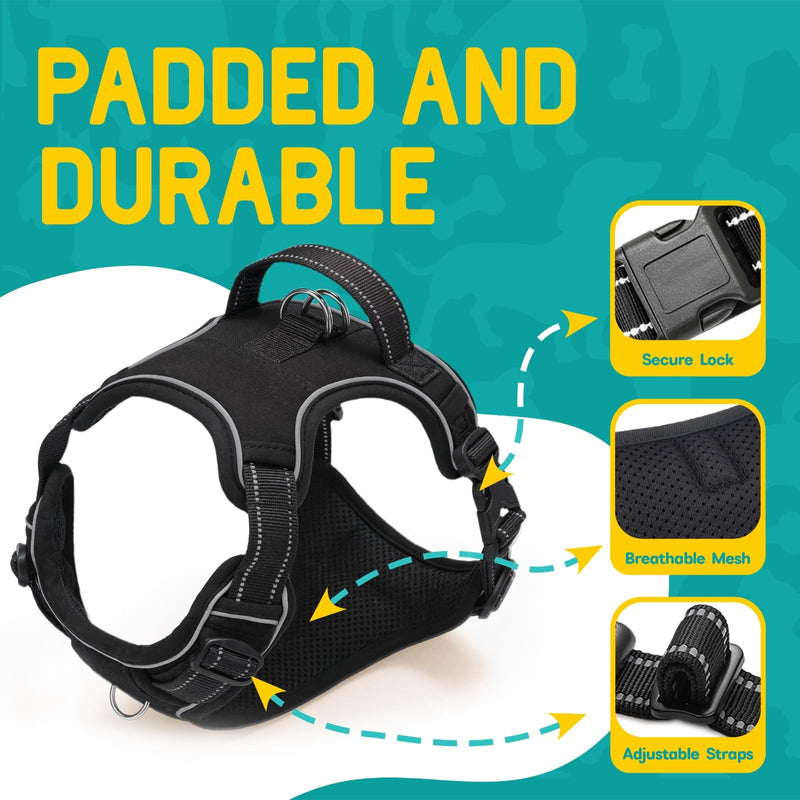 No Pull Dog Harness and Leash Set for Large Dogs – Adjustable Reflective Breathable Soft Padded Easy Control Dog Harness for Training & Walking, Black (Large) Large (Neck: 14.2"-22.4", Chest: 18.9"-33.1") - PawsPlanet Australia