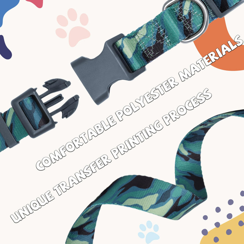 Print Patterned Dog Collar Leash Set, Adjusted Quick-Release Plastic Buckles and Heavy-Duty Steel D-Ring Nylon Collar Leash Set Strong Durable, Green Camo,M Medium Set - PawsPlanet Australia