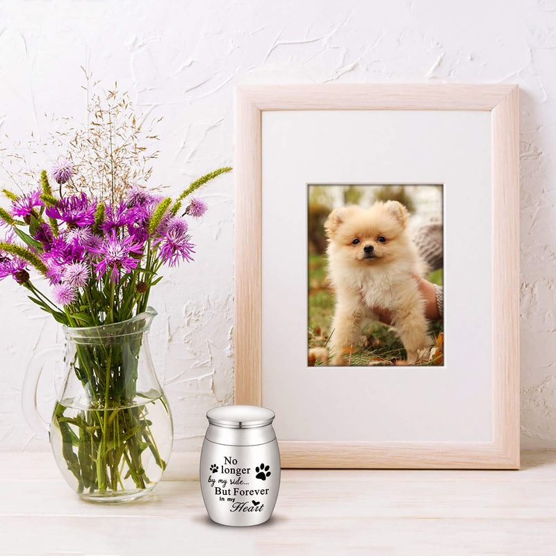 XIUDA 1.57 inches Mini Pet Memorial Small Urns for Dog and Cat Ashes, Stainless Steel Cremation Urn, Pet Paw Print Keepsake Urn for Ashes - No Longer by My Side Forever in My Heart S Silver