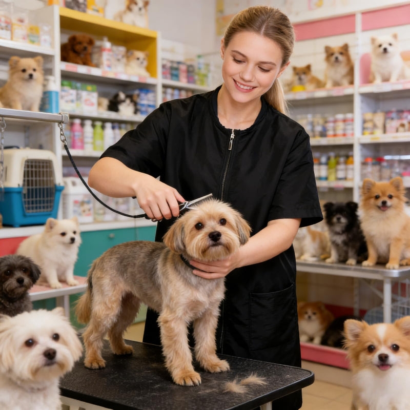 Pumtus Waterproof Pet Grooming Workwear, Short Sleeves Dog Grooming Smock, Hairdresser Uniform with Full Zipper & Pockets, Anti-Static Professional Stylist Jacket for Barber Salon Pet Shop (Medium) M