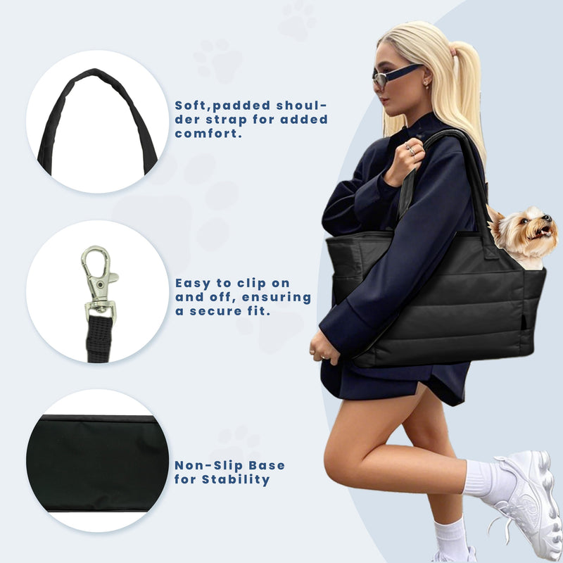 Lightweight Dog Purse Carrier for Small Dogs Under 15 lbs, Puffy Quilted Pet Carrier Tote for Puppies with Safety Leash Clip, Women's Hands-Free Dog Carrier Bag for Travel/Shopping (Black) Black