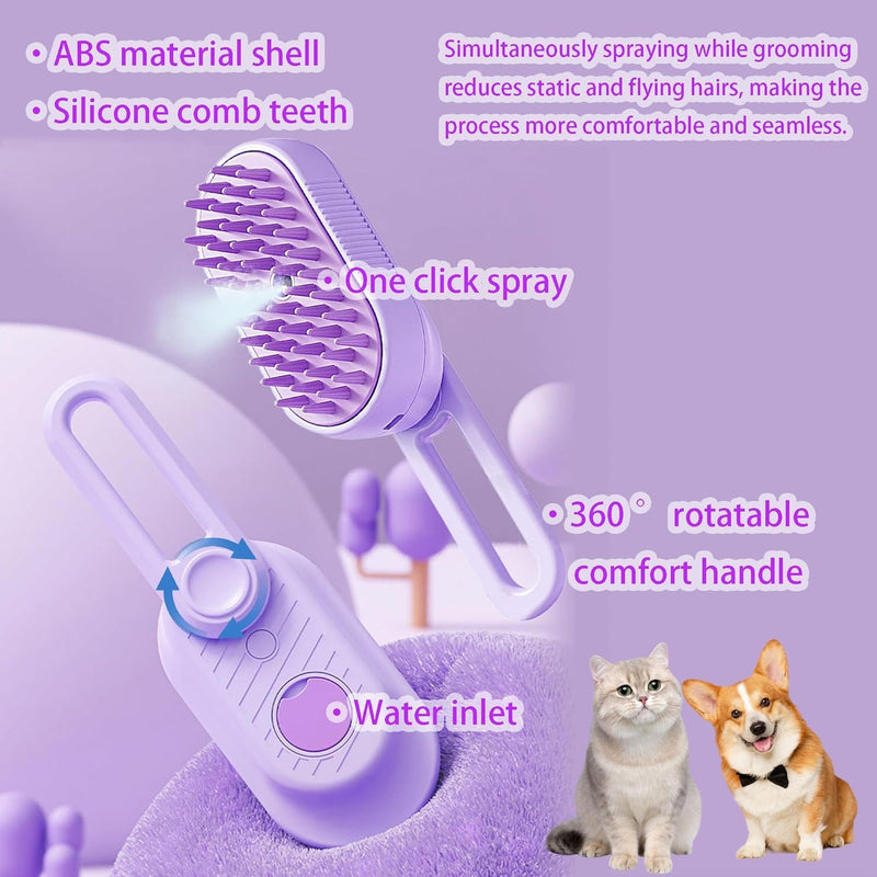 3 in 1 Cat Steam Brush for Shedding & Grooming with Foldable Handle Pet Spray Hair Removal Comb Spritz Defur Comb for Cats Water Brush for Long & Short Haired Pets NEW Purple - PawsPlanet Australia