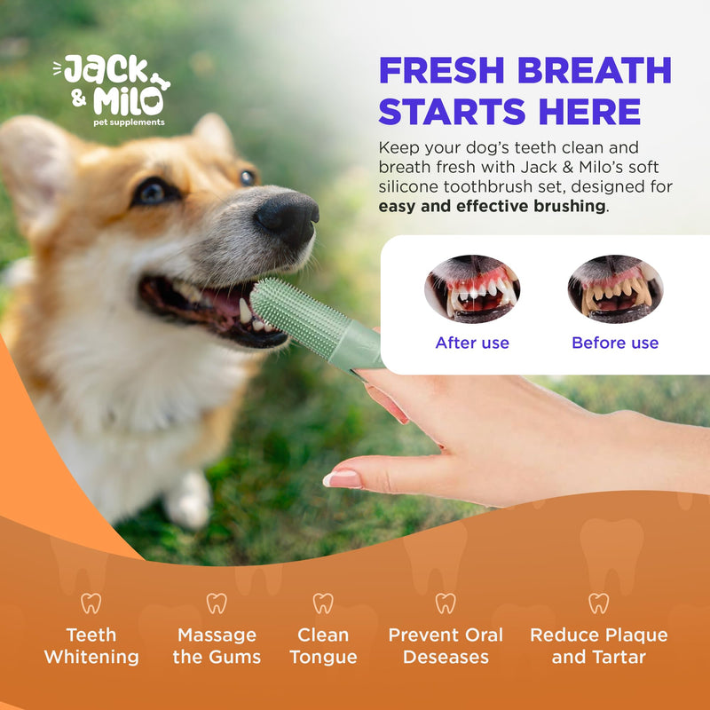 Jack & Milo 2-Pack Soft Silicone Pet Toothbrush – Gentle Finger Toothbrush for Small Dogs, Puppies & Cats – Safe Oral Care for Baby Pets – Promotes Healthy Teeth & Gums – Orange & Blue Orange/Blue