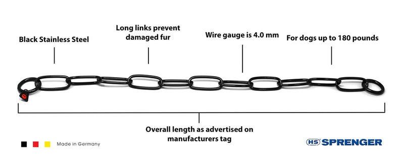Herm Sprenger Black Stainless Steel Long Link Fur Saver Dog Training Collar | No-Pull Slip Chain for Small Medium Large Dogs for Easy Control Made in Germany | 4mm, 63cm (25in) - PawsPlanet Australia