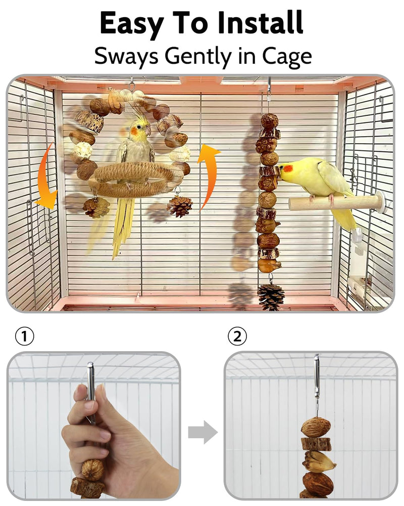 2Pcs Natural Bird Chew Toys, Wood Parakeet Swing Toys with Sisal Wrap for Claw Grinding, Hanging Safe Chew Toys for Parrot Beak Care, Multi-Play Design Cockatiel Toys for Budgie Conure Keeps Busy - PawsPlanet Australia