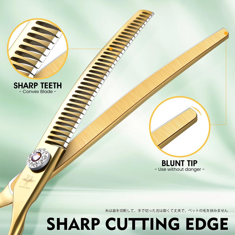 PURPLEBIRD Curved Shears Dog Grooming Chunkers, 7 inch Professional Thinning Scissors Safety Blunt Tip Trimming Scissors for Dogs Cats Face Paws Limbs Japanese Stainless Steel (Yellow) Gold Chunker - PawsPlanet Australia