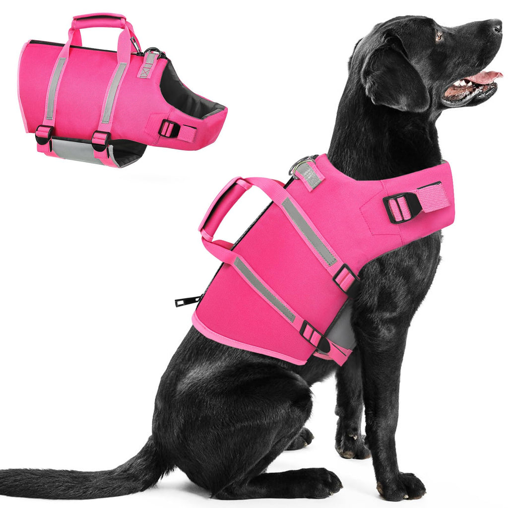 Queenmore Medium Dog Life Jacket,Dog Life Vest for Swimming,Dog Floating Vest for Boating,Pet Puppy Lightweight Adjustable Reflective Lifesaver Vest with Back Zip,Rescue Handle,Leash HooK(Fuchsia M) Fuchsia