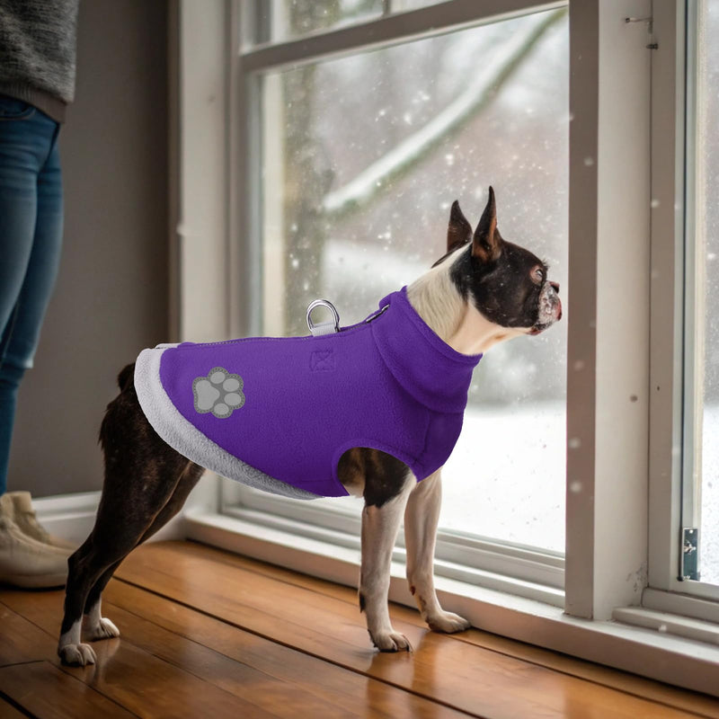 Mihachi Dog Fleece Vest Sweater Zip Up Warm Pullover Step-in Dog Jacket with Dual D-Ring Leash, Winter Cold Weather Reflective Coat Clothes Hoodie for Small Medium Dogs Puppy Cat Boy Girl, Purple S Small(Chest: 15", Neck: 12")