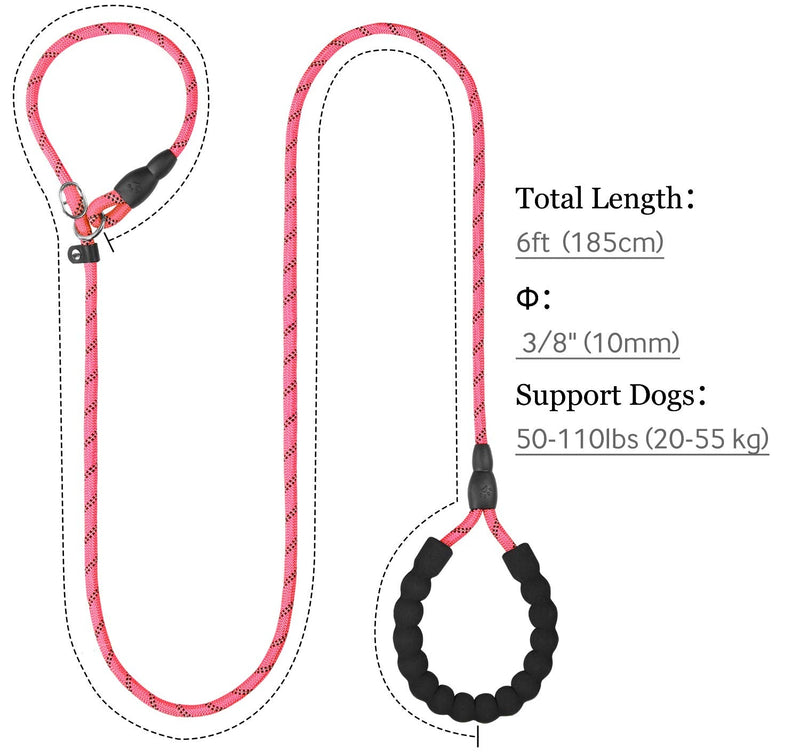 TagME Slip Leads for Dogs, 6 FT Heavy Duty Slip Leash with Padded Handle, Strong Rope No Pull Pet Training Leash for Medium Dogs,Pink M-3/8"x6'(50-110lbs) Pink - PawsPlanet Australia