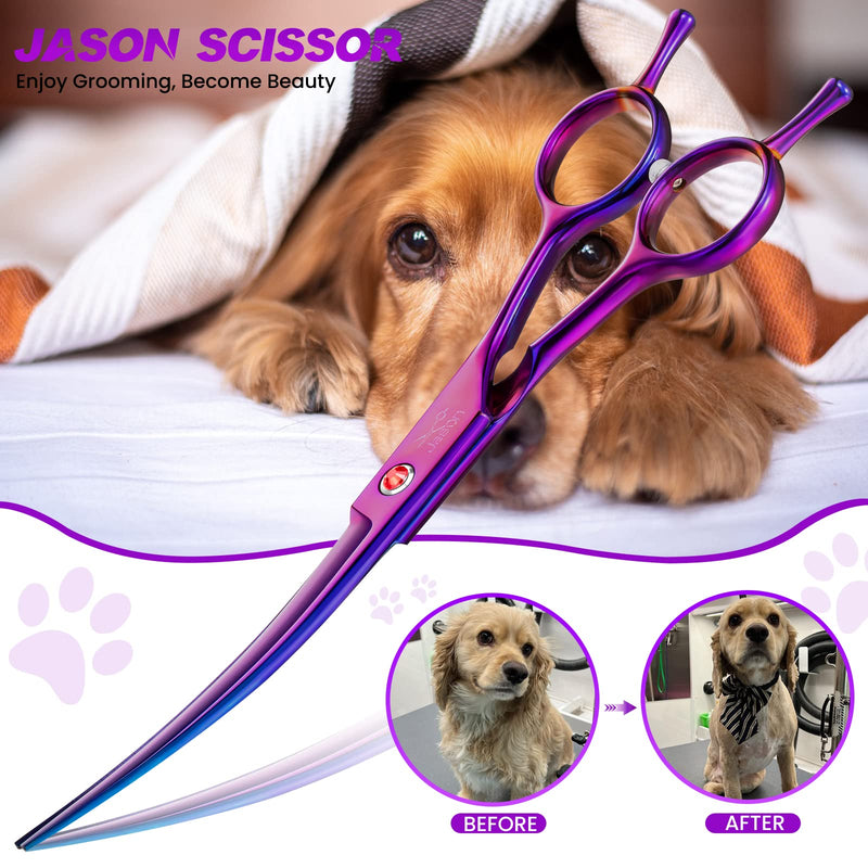 JASON Curved Shears for Dogs - 7.5" Pet Grooming Scissors with Ergonomic Handle Japanese Stainless Steel Trimming Scissor for Dogs, Cats and Other Pets, Sharp (Up-Curved, Purple) Up-curved - PawsPlanet Australia