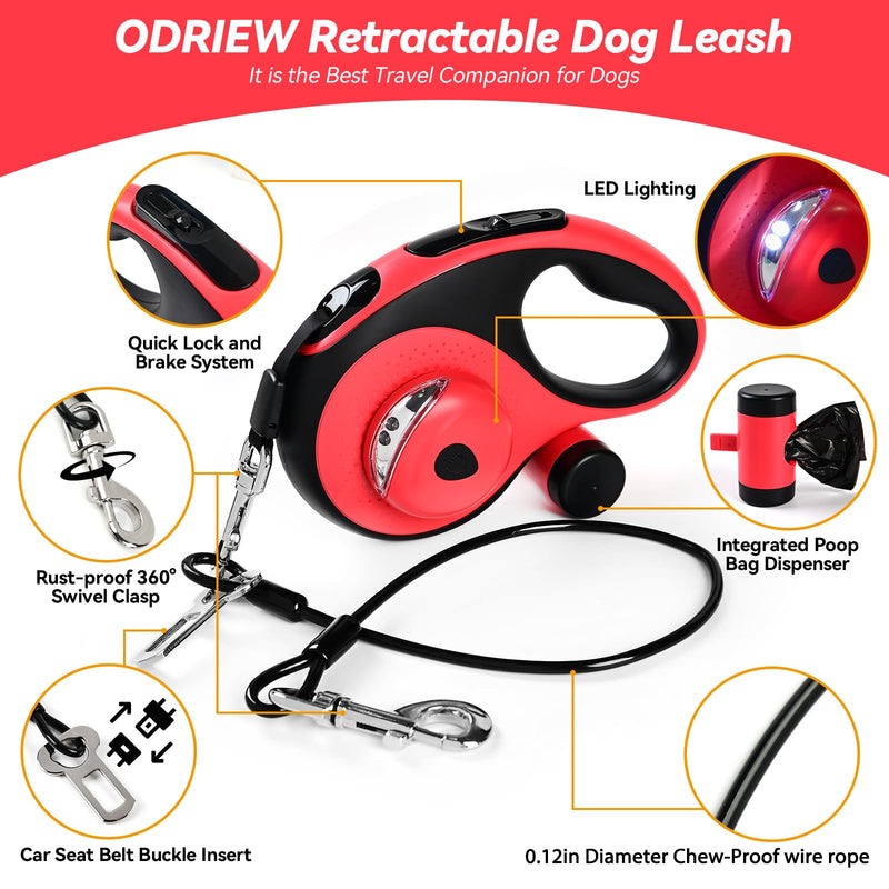 Heavy Duty Retractable Dog Leash for Large Dogs, 26ft Dog Leash with Poop Bag Holder, Up to 110lbs, chew Proof Cable, LED Light, 360° No-Tangle, One-Handed Pause & Locked. (Red, L 26ft) Red