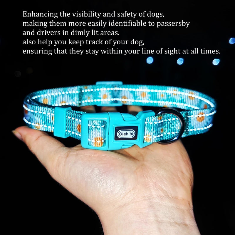 Dog Collar Leash Set, Floral Pattern, with Safety Reflective Strips, 5 ft Matching Leash, Neoprene Padded Handle, Adjustable 4 Sizes for Small Medium Large Dogs.(S, Pink Daisy) Floral Daisy Green