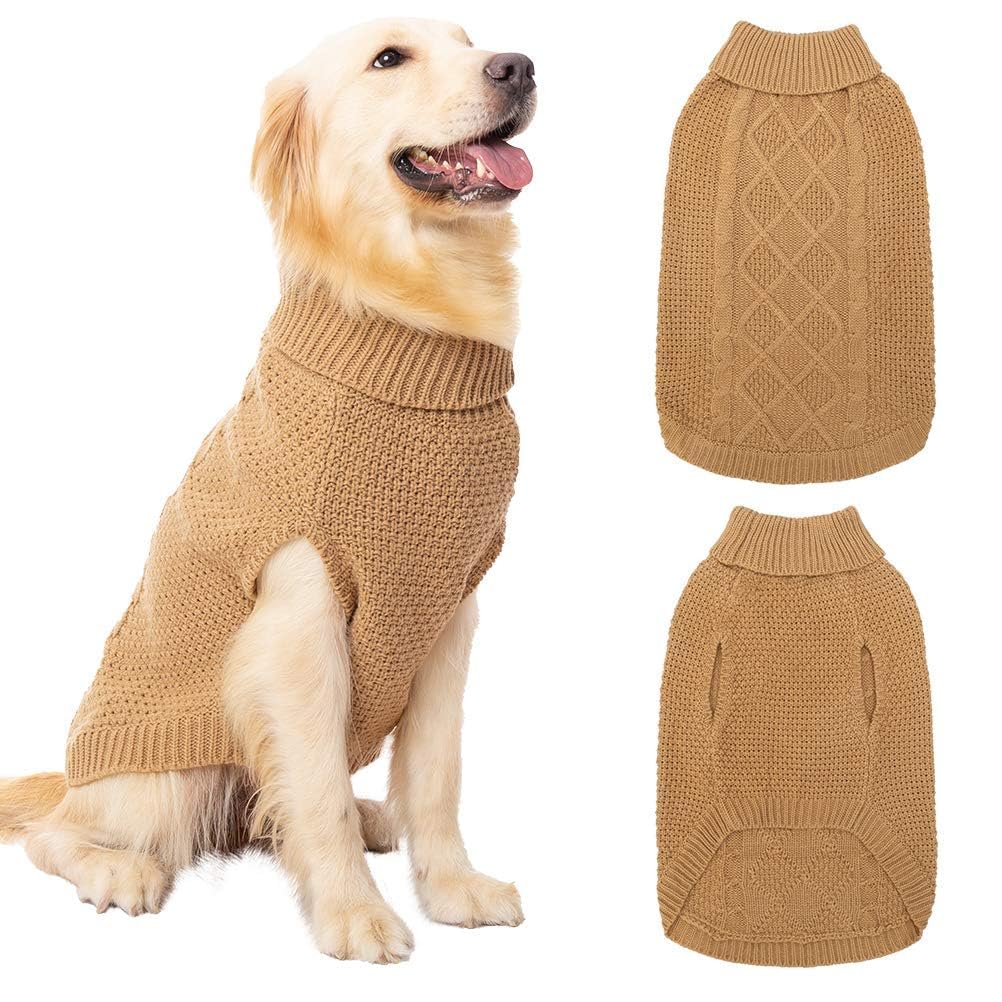 Mihachi Turtleneck Dog Sweater - Winter Coat Apparel Classic Cable Knit Clothes with Leash Hole for Cold Weather, Ideal Gift for Pet in New Year Small/Medium Khaki