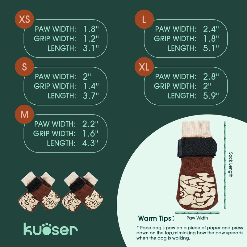 Kuoser Non-Slip Dog Socks, 4 Pcs Socks to Prevent Licking Paws, Paw Protectors for Hot Pavement, Hardwood Floors, Traction Control for Small, Medium, Large Dogs XS Brown