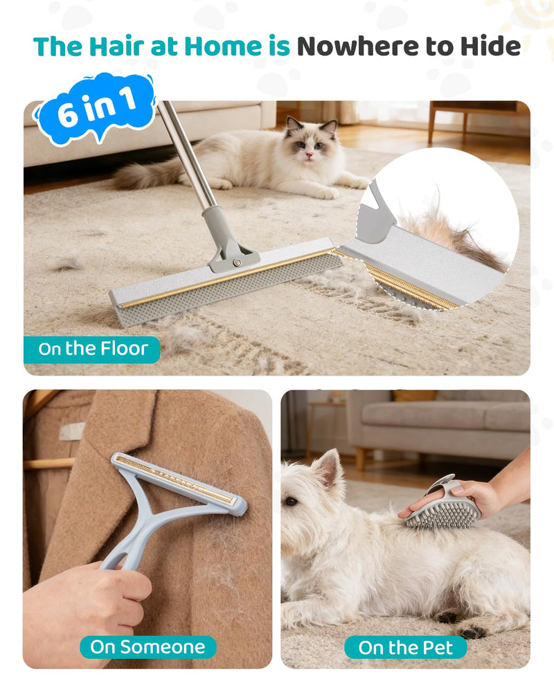 Carpet Rake for Pet Hair Removal, Reusable Pet Hair Remover Tool with 54 Inch Adjustable Long Handle, 3 Piece Carpet Scraper Set with Pet Bath Brush for Rugs, Couch, Furniture and Stairs Dark grey