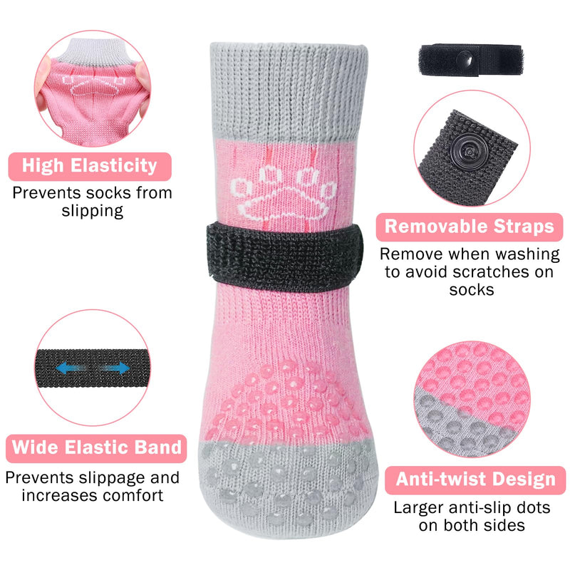 SCENEREAL Dog Socks to Prevent Licking Paws for Hardwood Floors Anti Slip, Dog Grippy Boots Shoes for Hot/Cold Pavement, Paw Protectors with Grippers for Small Medium Large Senior Dogs XS(Pack of 4) Pink Pearl Paw - PawsPlanet Australia