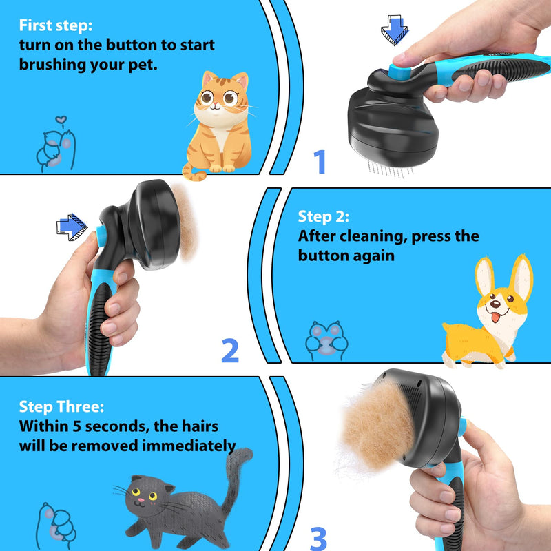 Dog Brush, Cat Brush, 2-in-1 Brush for Pet Care, Pet Hair Brush, Undercoat Brush for Dogs and Cats, Dog Comb, Fur Brush for Long Hair and Short Hair, Self-Cleaning Pet Brush (Blue) - PawsPlanet Australia