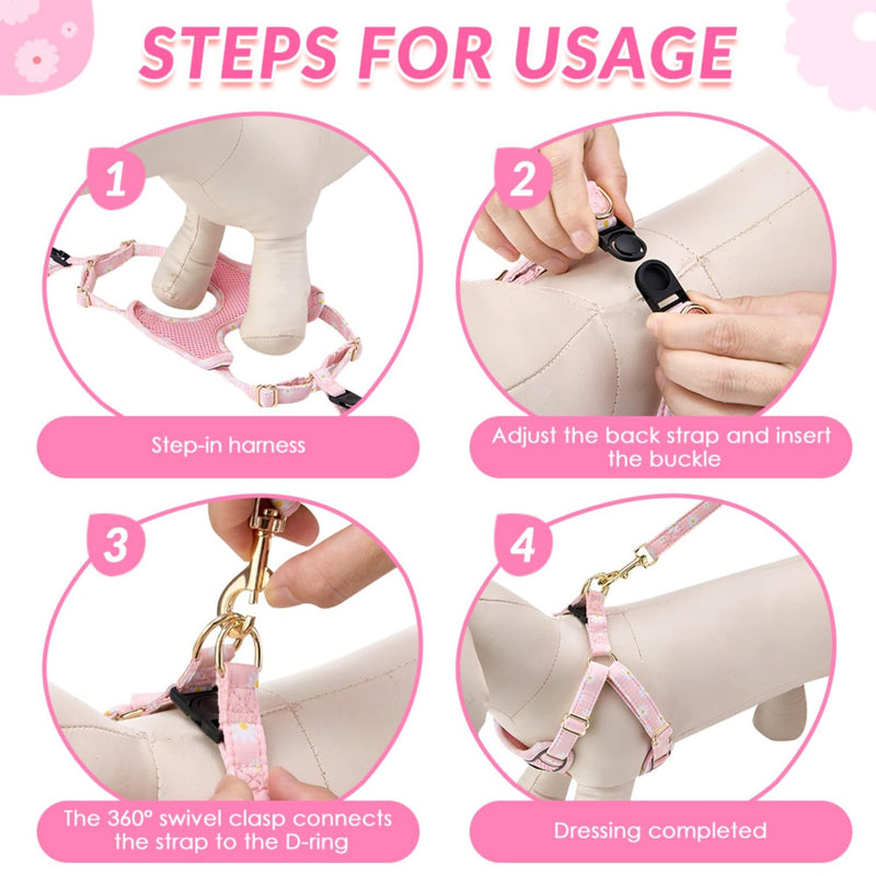 SlowTon Small Dog Harness - No Pull Dog Harness and Leash Set, Soft Mesh Lightweight Puppy Vest Harnesses, Adjustable Pet Harnesses for XXS XS Small Medium Easy Walk Hiking (Pink, XXS) XX-Small 1.Pink Daisy - PawsPlanet Australia